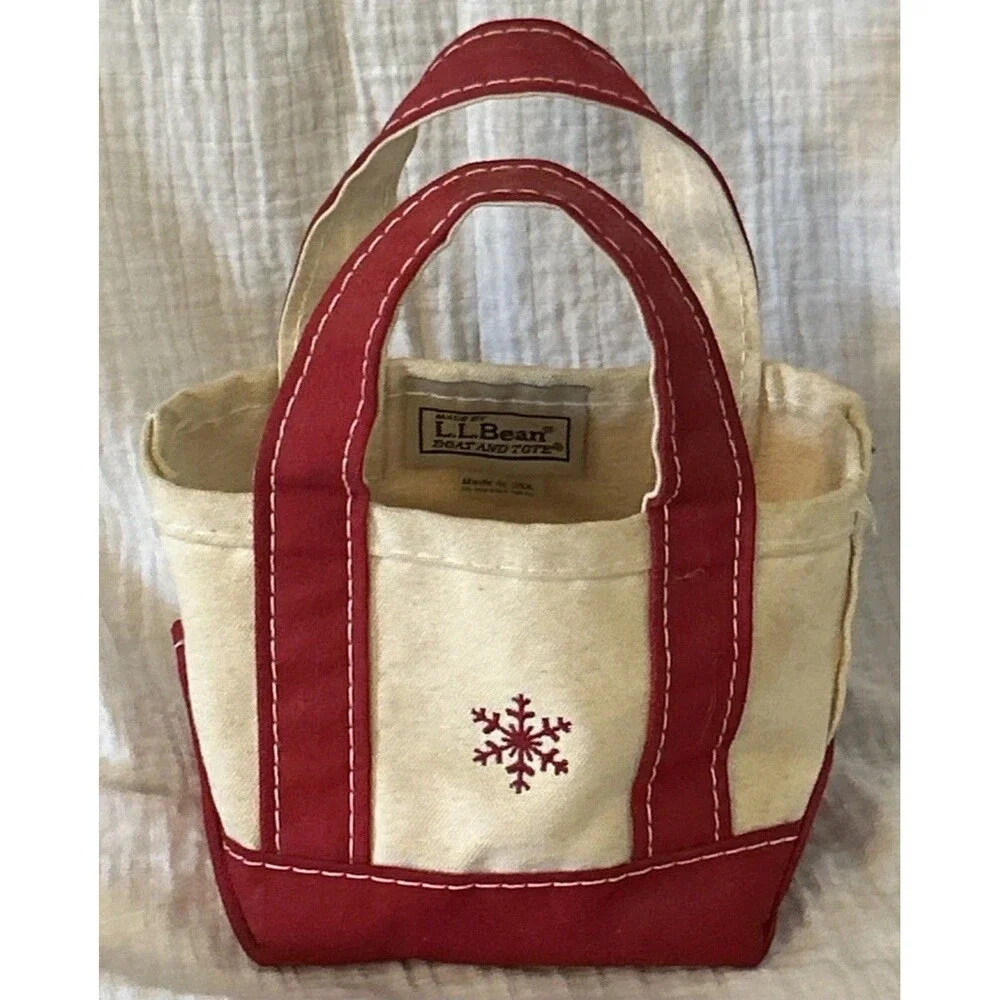 LL Bean CHRISTMAS Embroidered SNOWFLAKE Mini MICRO CANVAS Boat & Tote RED